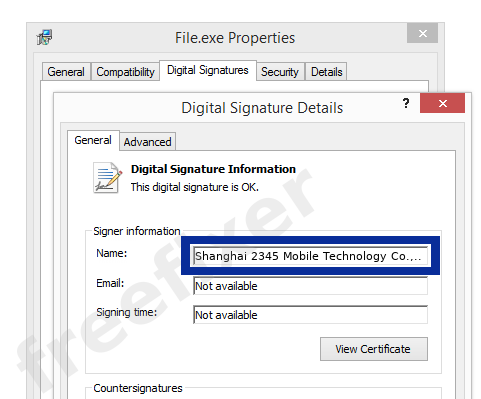 Screenshot of the Shanghai 2345 Mobile Technology Co., Ltd. certificate